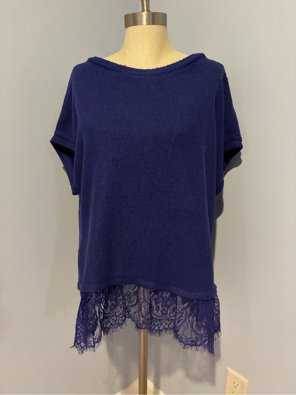 Maeve Ruffled Lace Tee Deep Navy Short Sleeve Top Size XL NWT